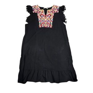 Kirundo Pom Pom Sleeve Shift Dress Women’s XL Black with multicolor‎ Embroidery